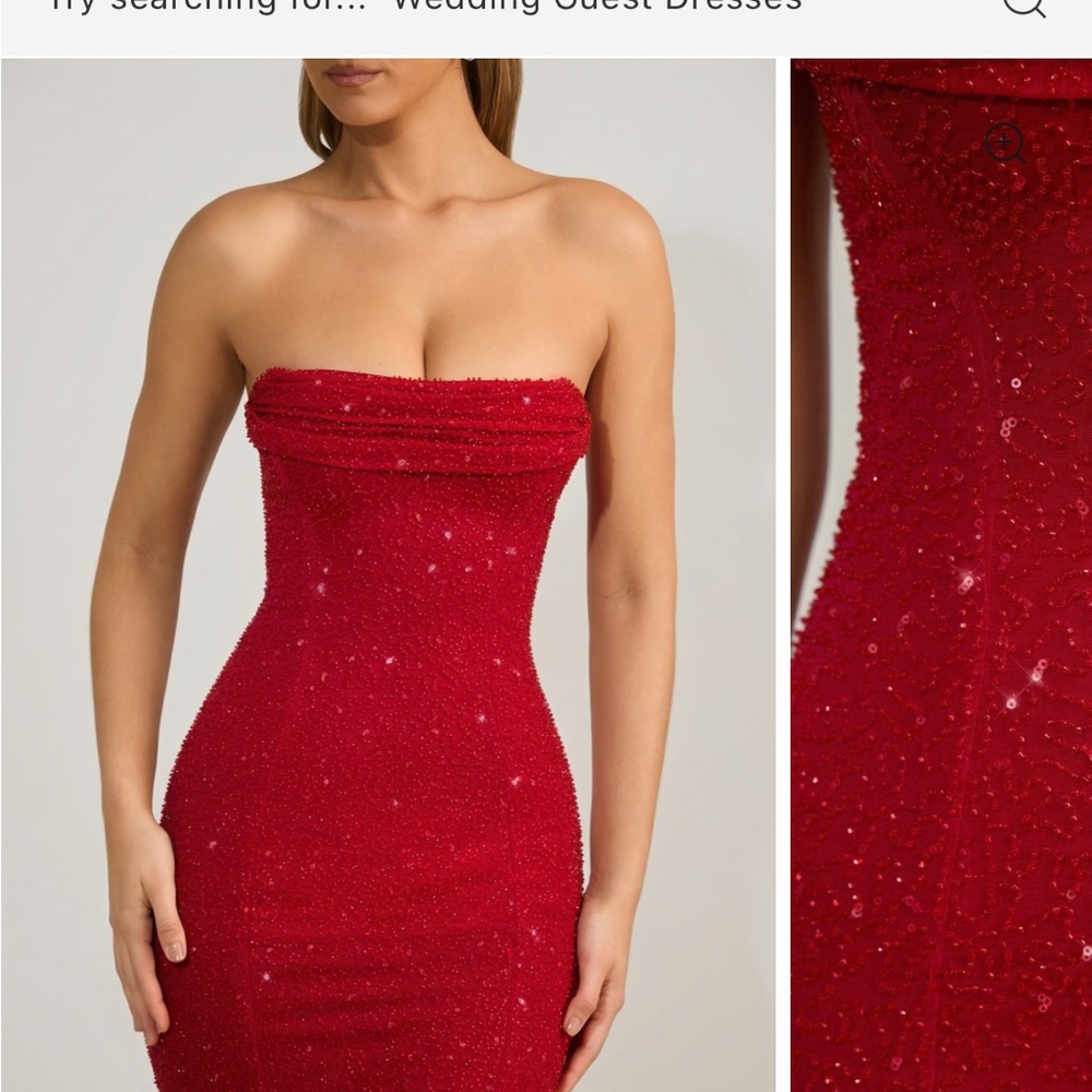 Oh Polly Embellished Beaded Red Strapless Dress